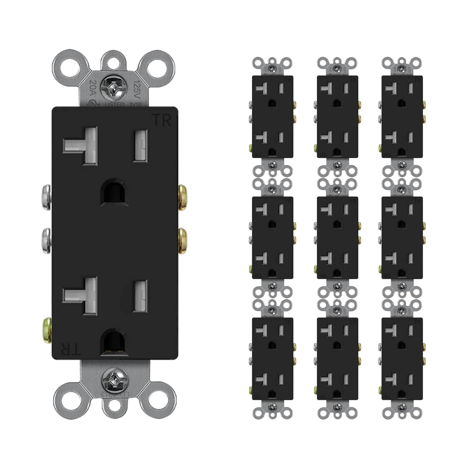 micmi 20A Decorator Receptacle Outlet | Tamper Resistant Grounded UL Listed 125V (10Pack, Black) — Black