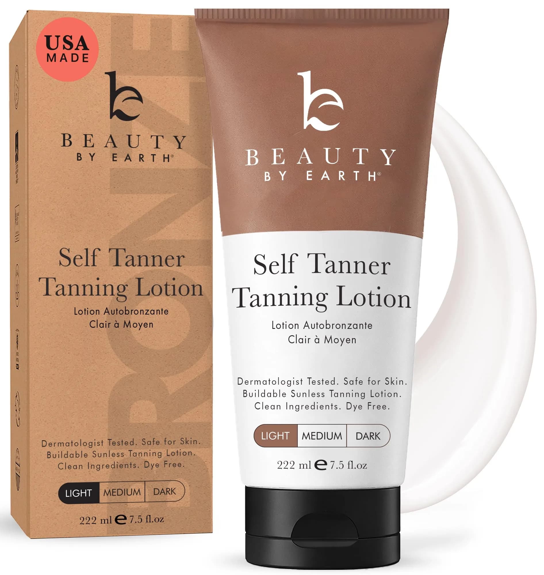 Beauty by Earth Natural Self Tanner Lotion for Face & Body, Gradual Tan, 222ml (7.5 Fl Oz) | Streak-Free, Organic Ingredients