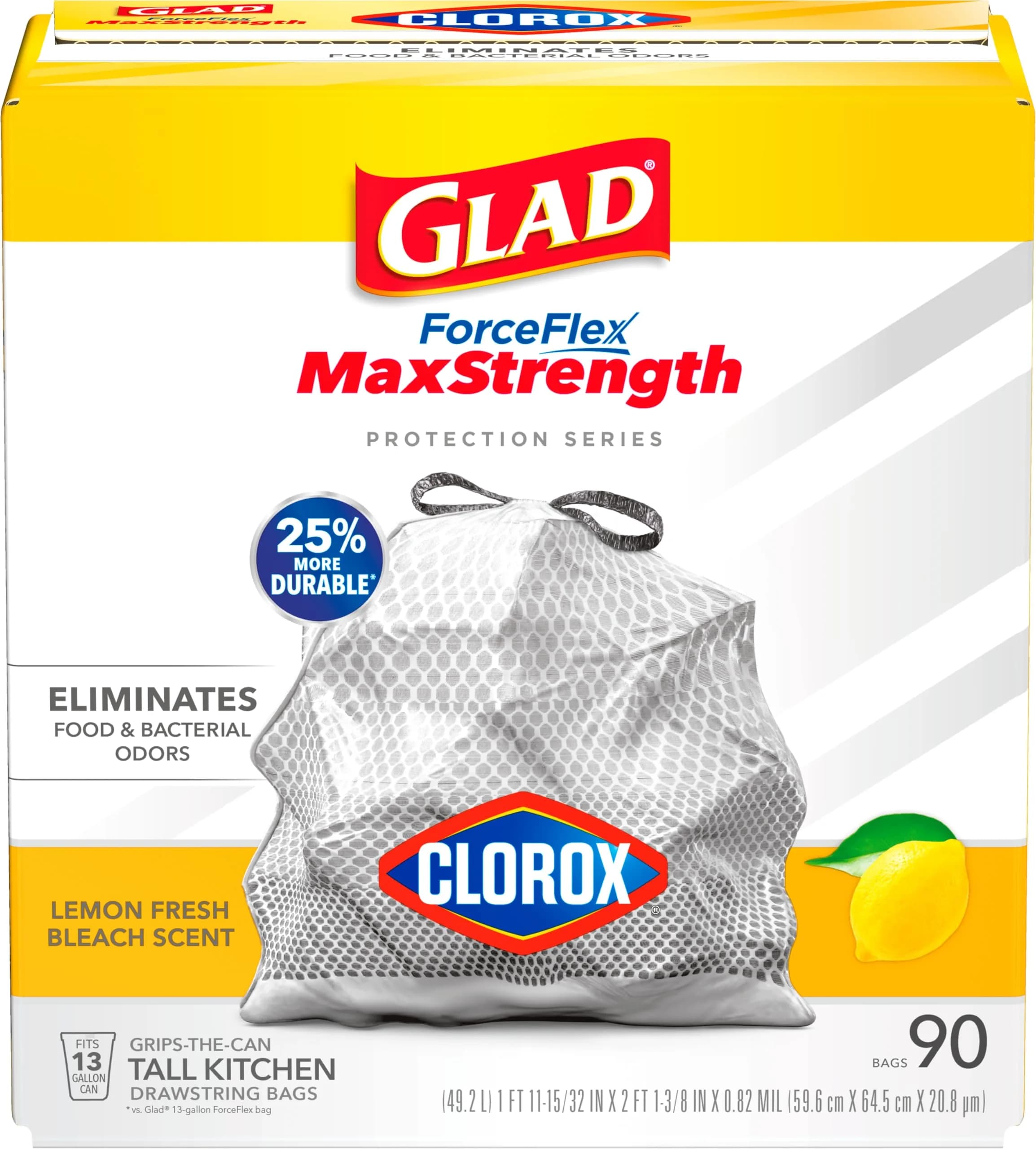 Glad ForceFlex MaxStrength Tall Kitchen Trash Bags 90 Count Lemon Fresh Bleach | USA Import with Clorox