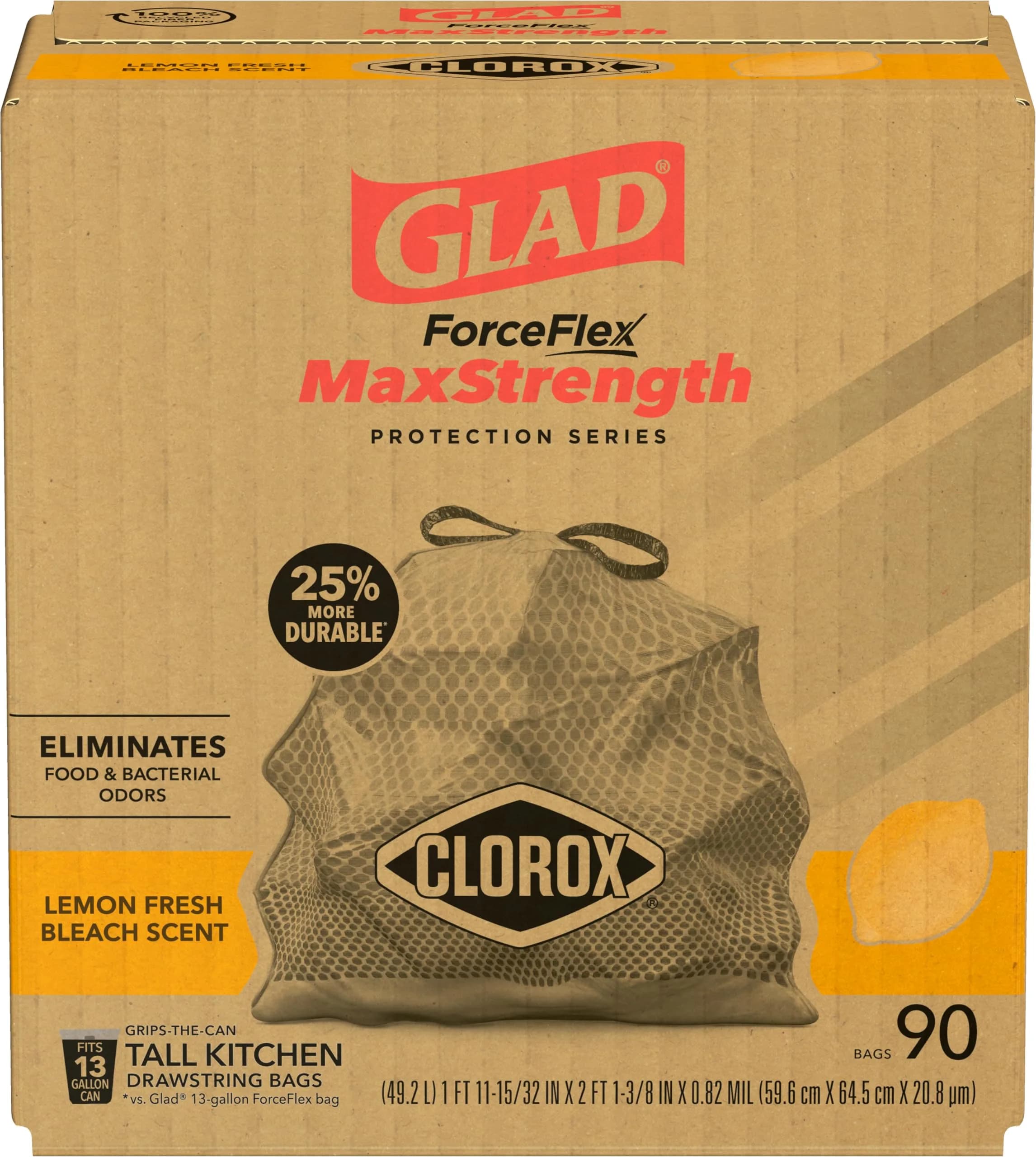 Glad ForceFlex MaxStrength Tall Kitchen Trash Bags 90 Count Lemon Fresh Bleach | USA Import with Clorox - view 5