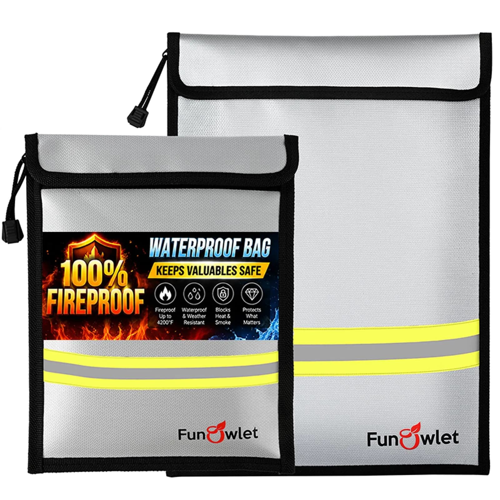 FunOwlet Fireproof Waterproof Money Document Bag 2 Pack | Fire & Water Resistant Organizer for A4 A5 — Gray