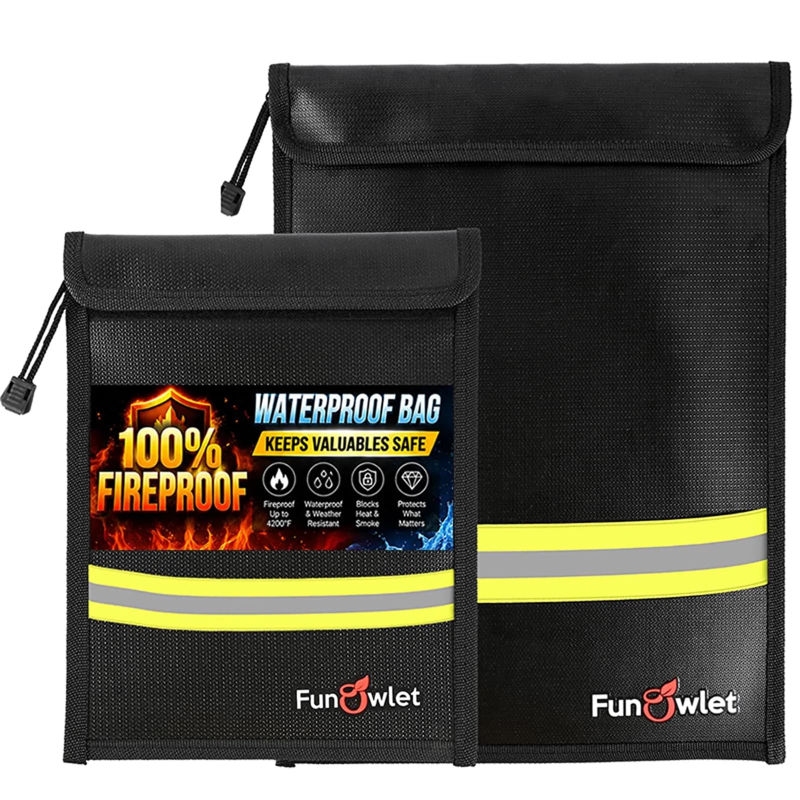 FunOwlet Fireproof Waterproof Money Document Bag 2 Pack | Fire & Water Resistant Organizer for A4 A5 — Black