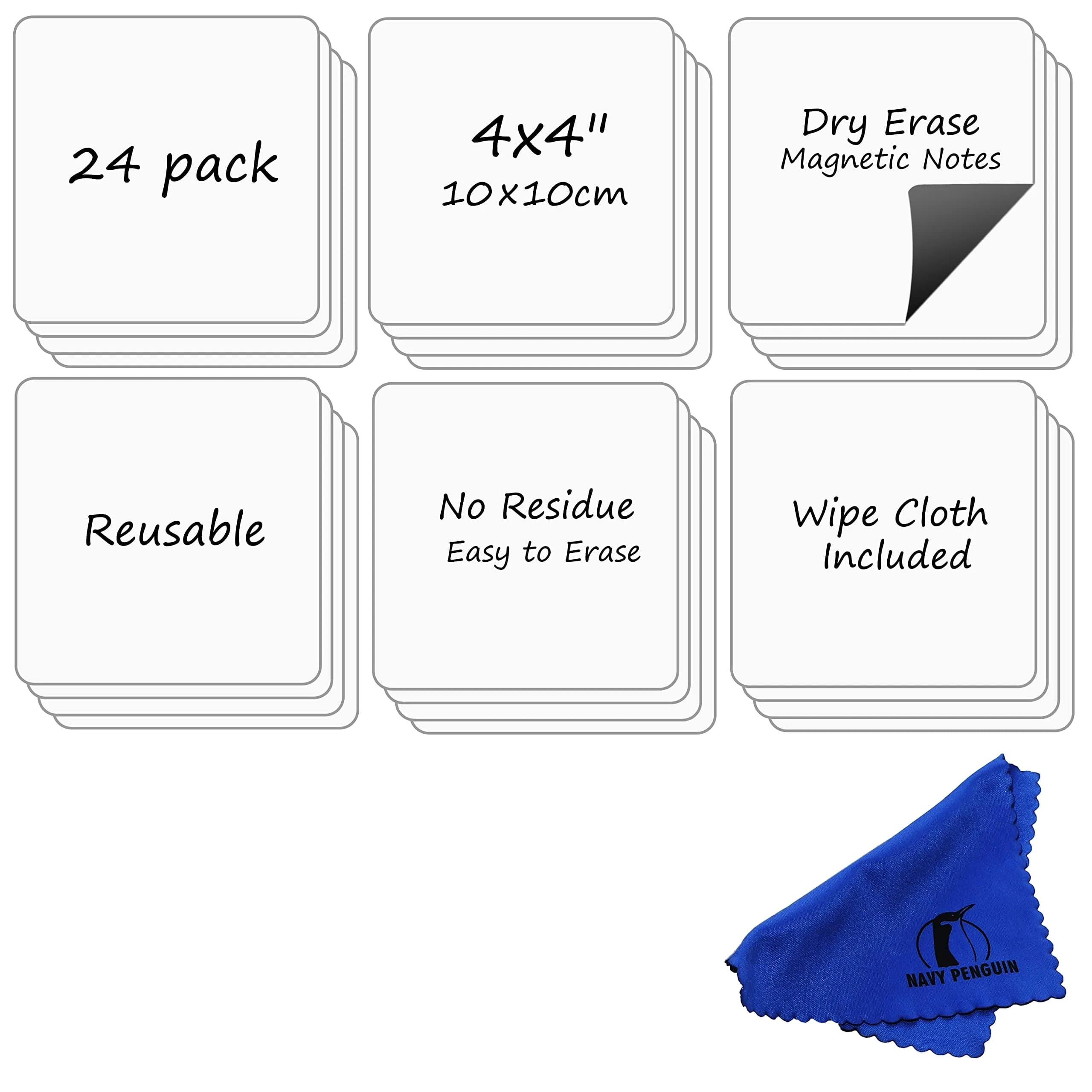 Navy Penguin Dry Erase Magnets 24 Pack 4x4 in | Reusable Magnetic Notes for Whiteboard & Fridge
