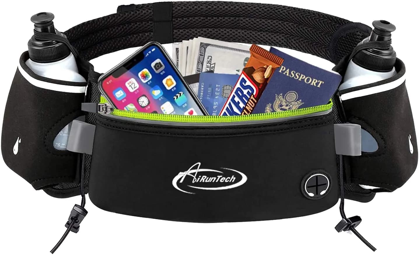 AiRunTech Hydration Running Belt with Bottles 2x10oz | Anti-Slip, Fully Adjustable, Reflective for Most Smartphones