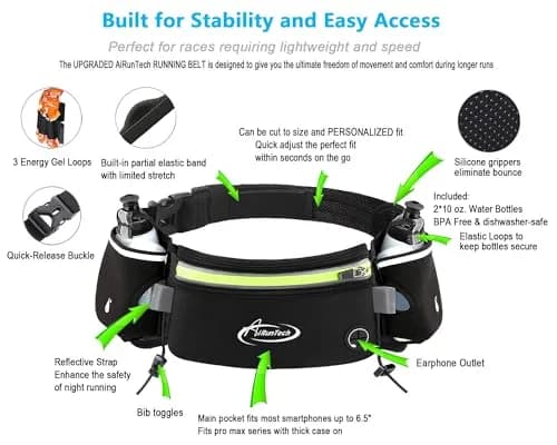 AiRunTech Hydration Running Belt with Bottles 2x10oz | Anti-Slip, Fully Adjustable, Reflective for Most Smartphones thumbnail 4