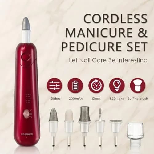 SEAMIND 5-in-1 Electric Nail File Kit, Cordless Manicure Pedicure Set, Red | 2900-4200 RPM thumbnail 2