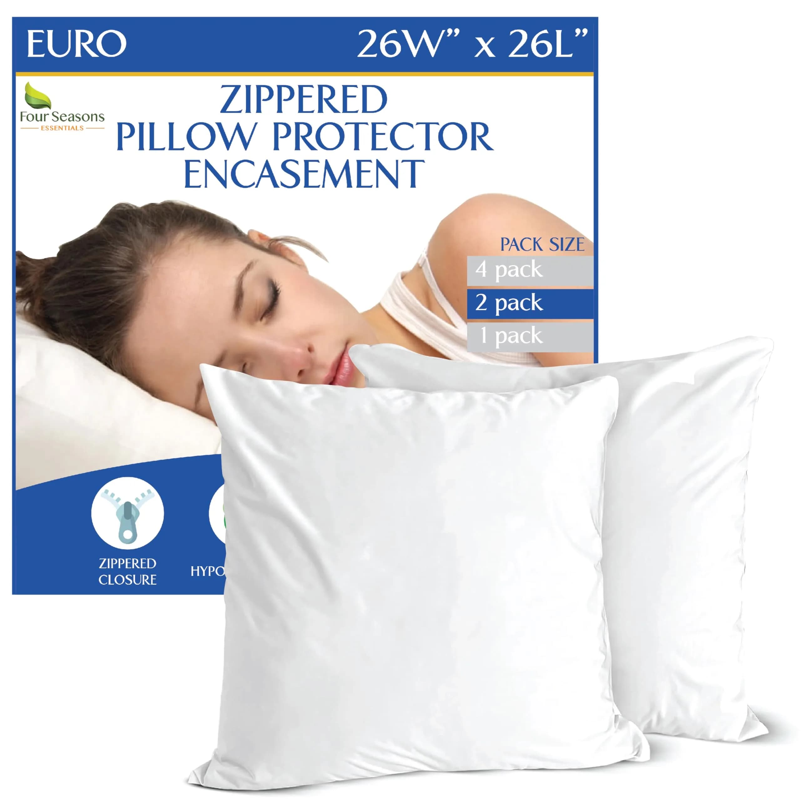 Four Seasons Essentials Euro Size Pillow Protectors (Set of 2) 66x66 cm (26x26 Inch) | Waterproof Hypoallergenic Zippered Encasement