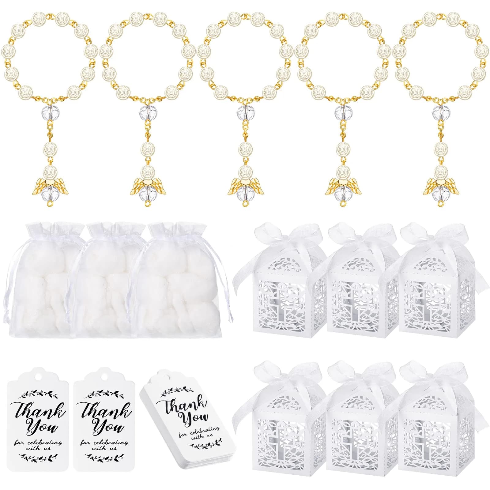 MTLEE 100 Pcs Baptism Rosary Set with Gift Boxes, Organza Bags & Thank You Cards | Gold