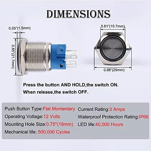 JIQI 19mm Waterproof Metal Push Button Switch 12V-24V | IP66 LED On Off (Red) thumbnail 2