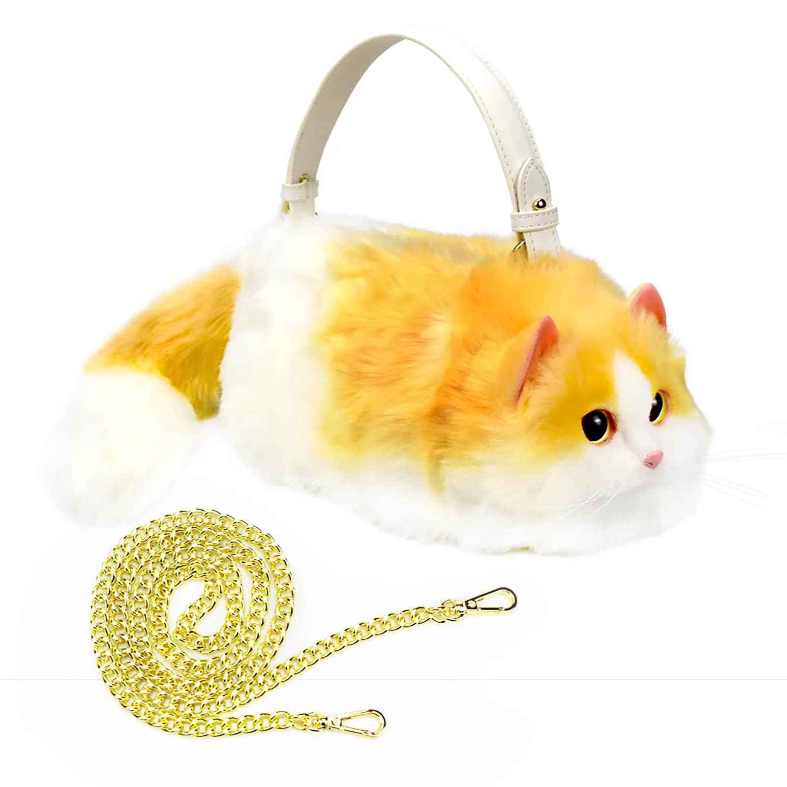 HUIJUFU Realistic Puffy Plush Yellow White Cat Crossbody Handbag for Women | Cute & Lifelike