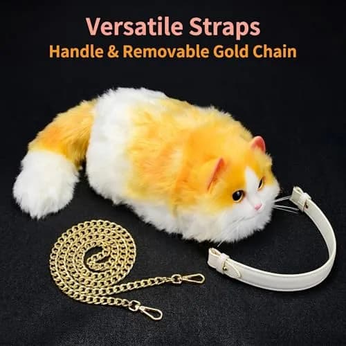 HUIJUFU Realistic Puffy Plush Yellow White Cat Crossbody Handbag for Women | Cute & Lifelike thumbnail 5