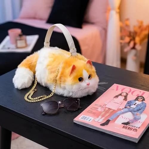 HUIJUFU Realistic Puffy Plush Yellow White Cat Crossbody Handbag for Women | Cute & Lifelike thumbnail 6