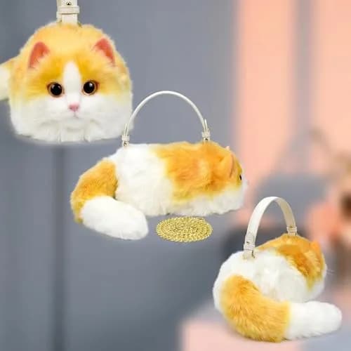HUIJUFU Realistic Puffy Plush Yellow White Cat Crossbody Handbag for Women | Cute & Lifelike thumbnail 7