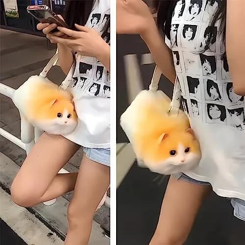 HUIJUFU Realistic Puffy Plush Yellow White Cat Crossbody Handbag for Women | Cute & Lifelike thumbnail 8