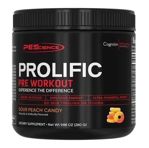 PEScience Prolific Pre-Workout Powder, Sour Peach Candy | Explosive Energy & Focus, 40 Scoops thumbnail 1