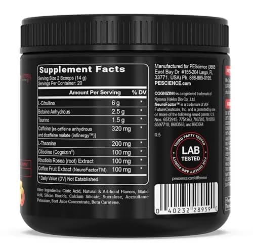 PEScience Prolific Pre-Workout Powder, Sour Peach Candy | Explosive Energy & Focus, 40 Scoops thumbnail 8