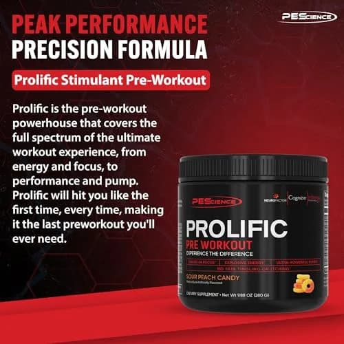 PEScience Prolific Pre-Workout Powder, Sour Peach Candy | Explosive Energy & Focus, 40 Scoops thumbnail 2