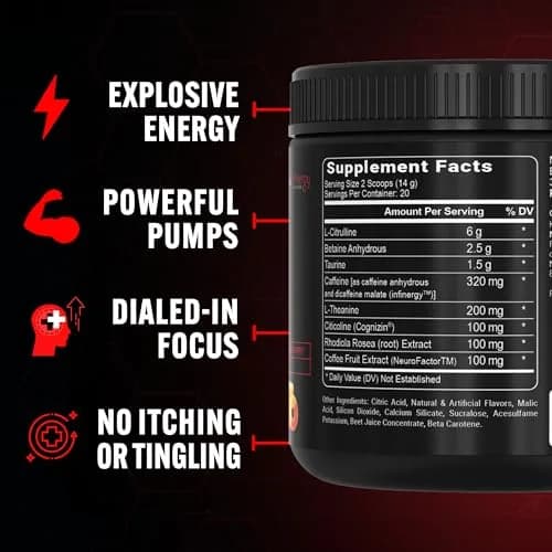 PEScience Prolific Pre-Workout Powder, Sour Peach Candy | Explosive Energy & Focus, 40 Scoops thumbnail 3