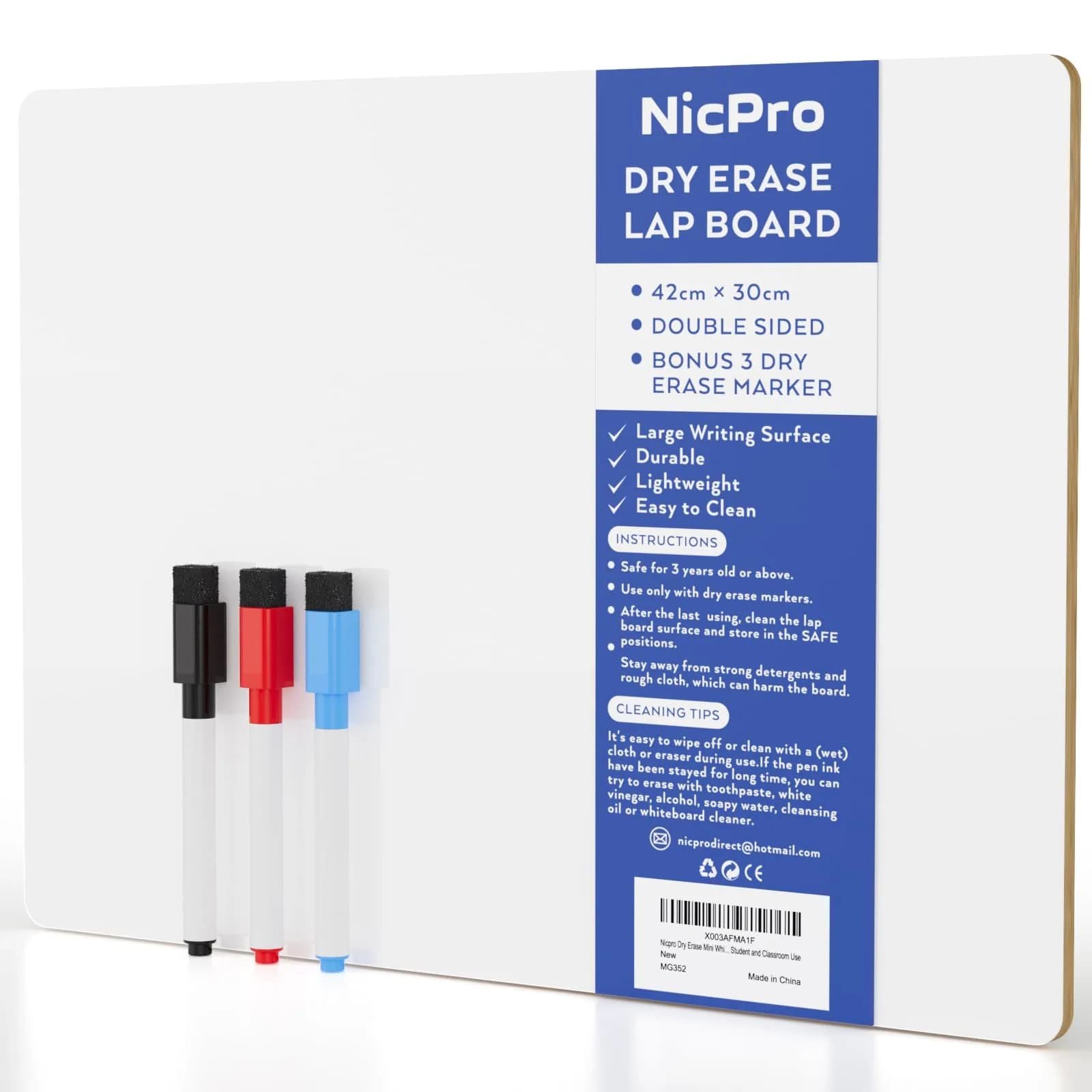 Nicpro 12 x 16 inches Double Sided Dry Erase Lap Board with 3 Pens | Portable Learning Whiteboard for Students — White