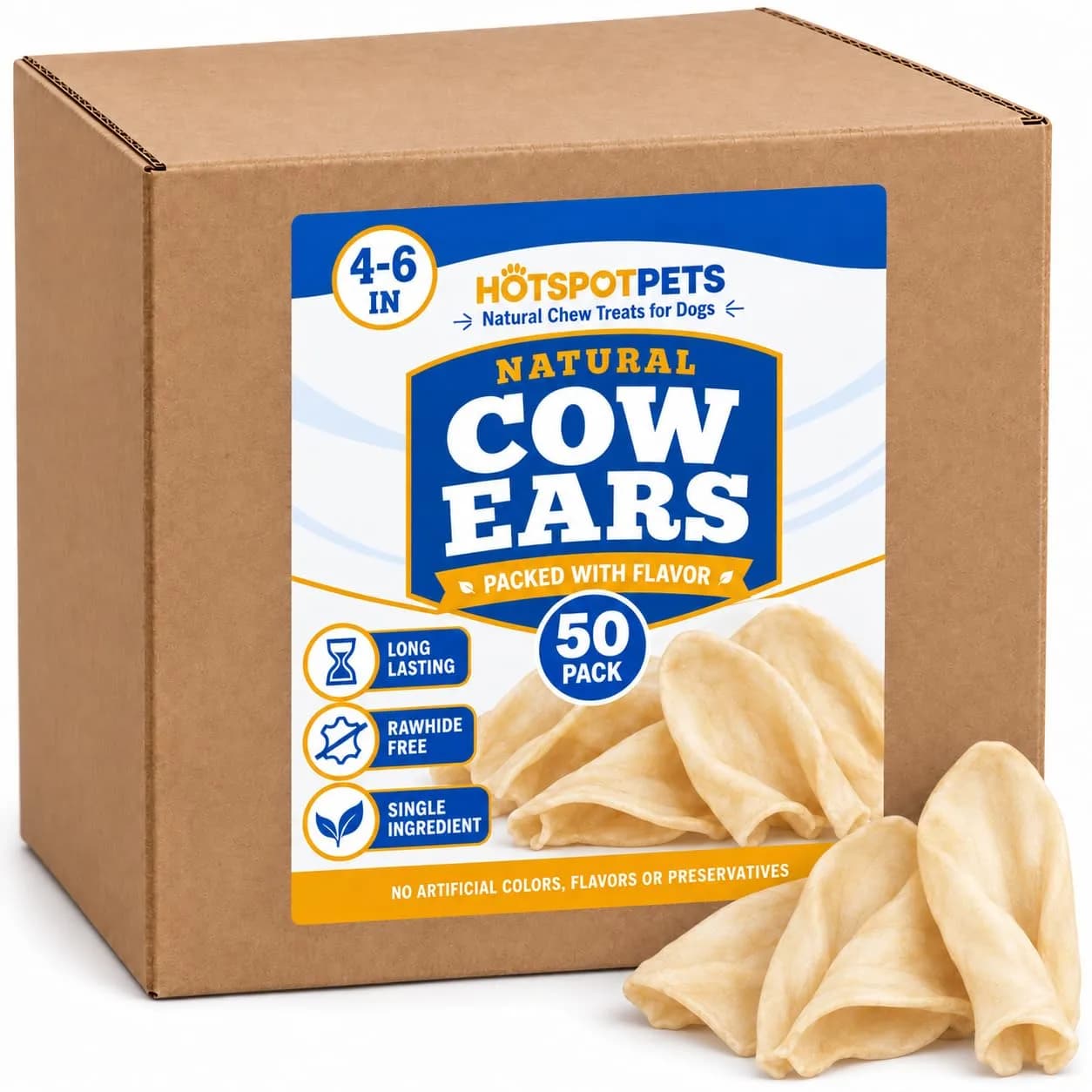 hotspot pets All-Natural Cow Ears Dog Chews (50 Pack) | Long-Lasting, Single Ingredient Treat for Healthy Teeth & Gums — Stick