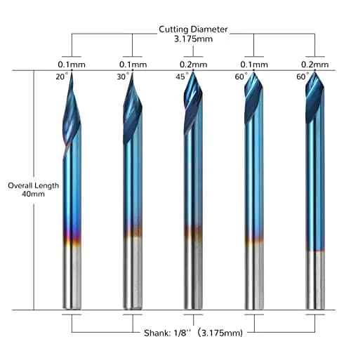 Genmitsu V-Groove CNC Router Bits, 20/30/45/60 Degree, 1/8'' Shank, Nano Blue Coating, for Wood Carving & Milling thumbnail 2