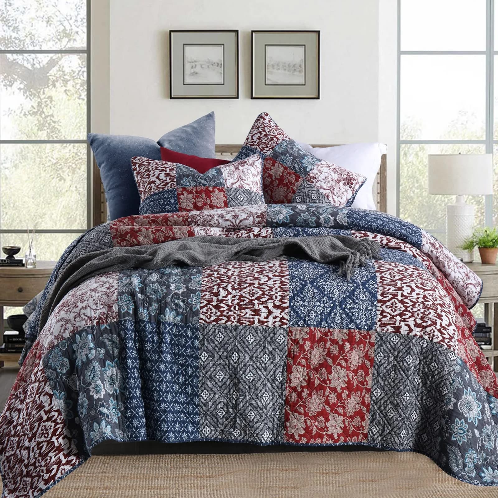 Yvooxny Quilts King Size Bedspread Quilt Set Lightweight Reversible Patchwork Bedding for All Seasons