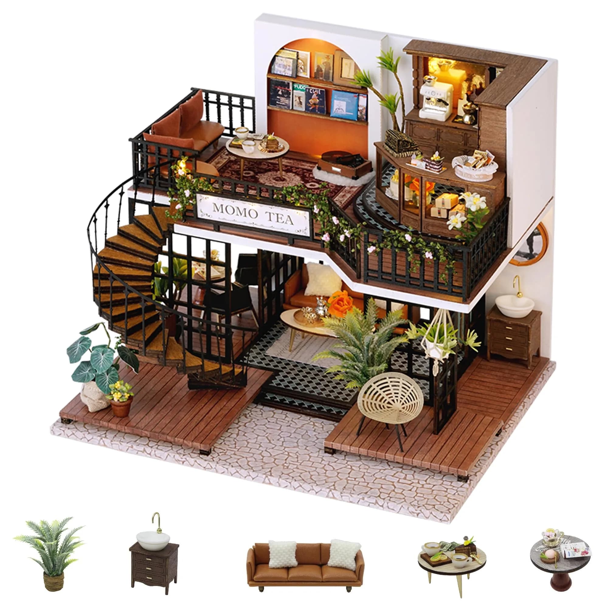 Flever Dollhouse Miniature DIY House Kit 8.7x6.9x8.1 inches | Creative Room with Furniture for Romantic Valentine's Gift — Forest Teashop