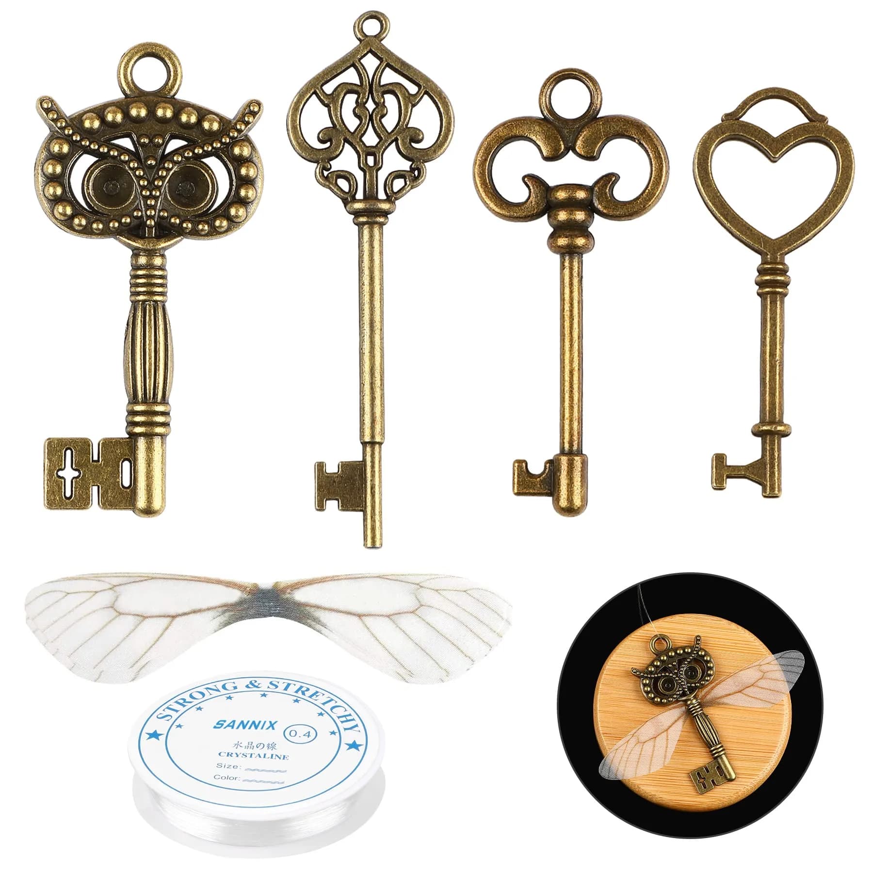 SANNIX Vintage Skeleton Keys with Dragonfly Wings & Elastic String | DIY Party Decorations (2.1-2.7 inch keys)