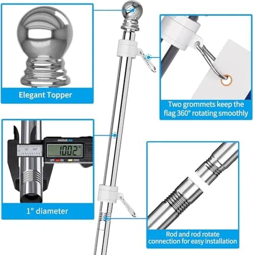 ZMTECH 6 FT Stainless Steel Flag Pole Kit - 2 Pack, Silver | Tangle-Free Outdoor House Flag Stand thumbnail 5