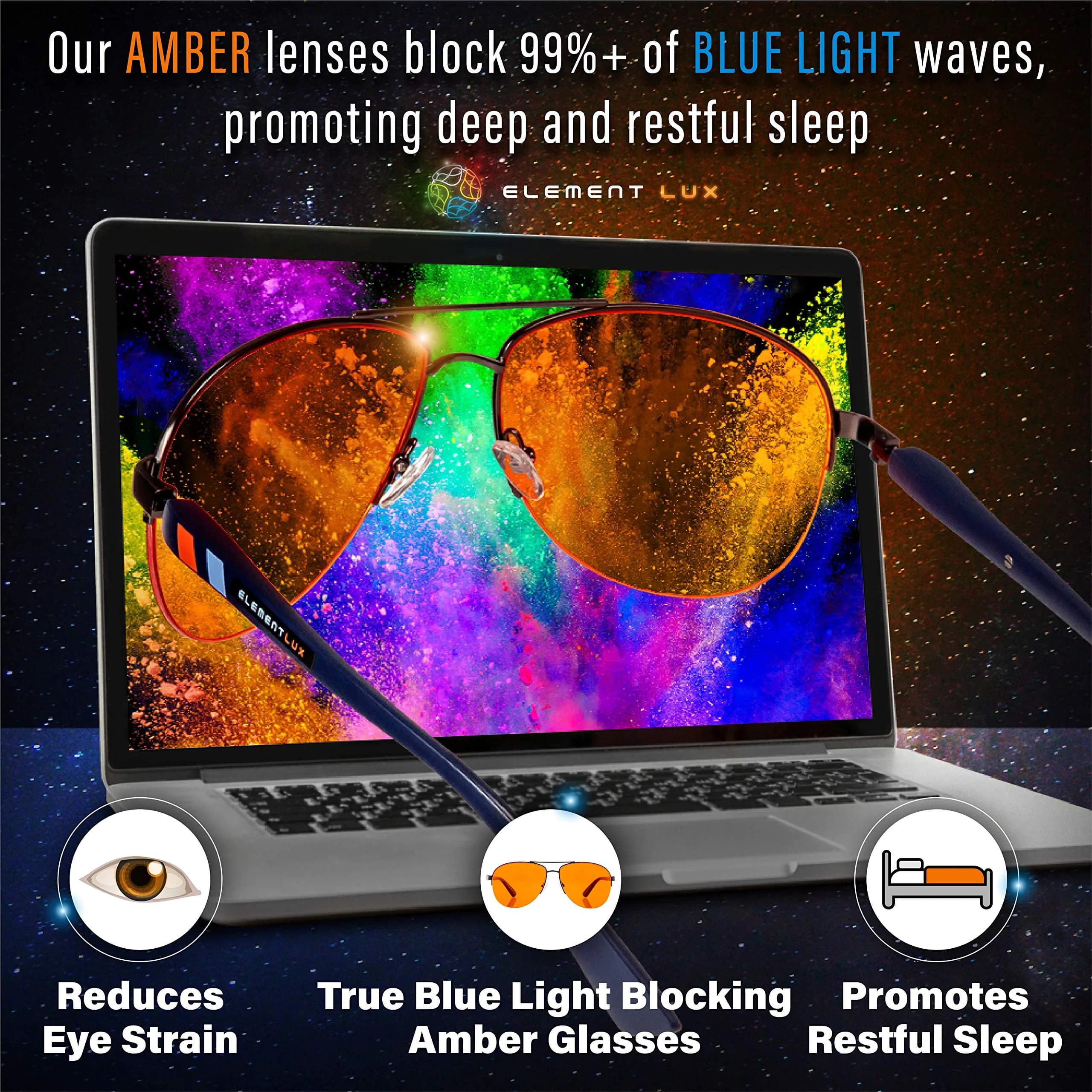 ELEMENT LUX Blue Light Blocking Glasses | 99% Dark Amber Lenses, 57mm Lens Width | For Better Sleep & Eyestrain Relief - view 6
