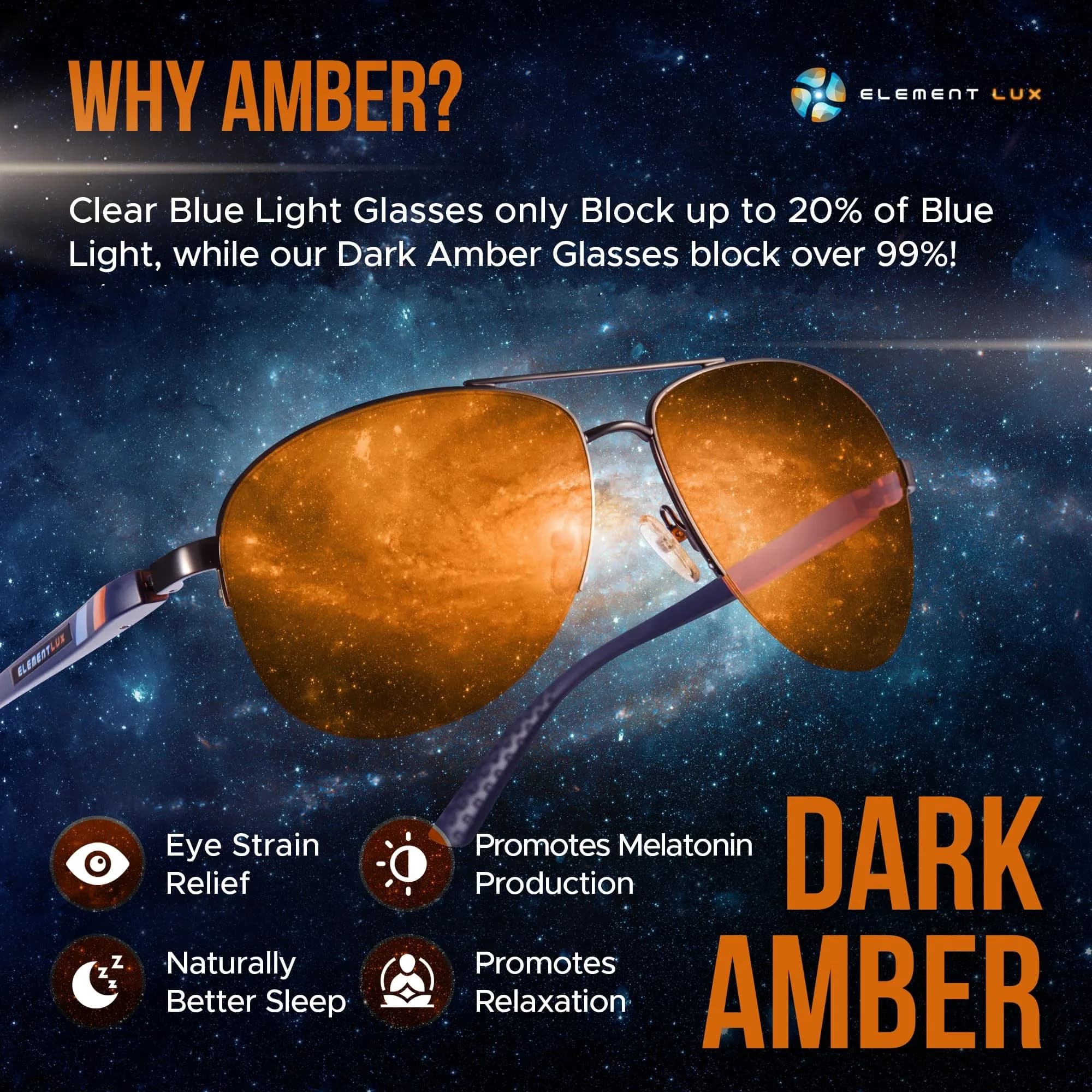 ELEMENT LUX Blue Light Blocking Glasses | 99% Dark Amber Lenses, 57mm Lens Width | For Better Sleep & Eyestrain Relief - view 2