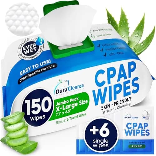 Dura Cleanse XL CPAP Mask Wipes - 156 Count (150 + 6 Travel) | Unscented, Alcohol-Free, Aloe Vera Infused thumbnail 1