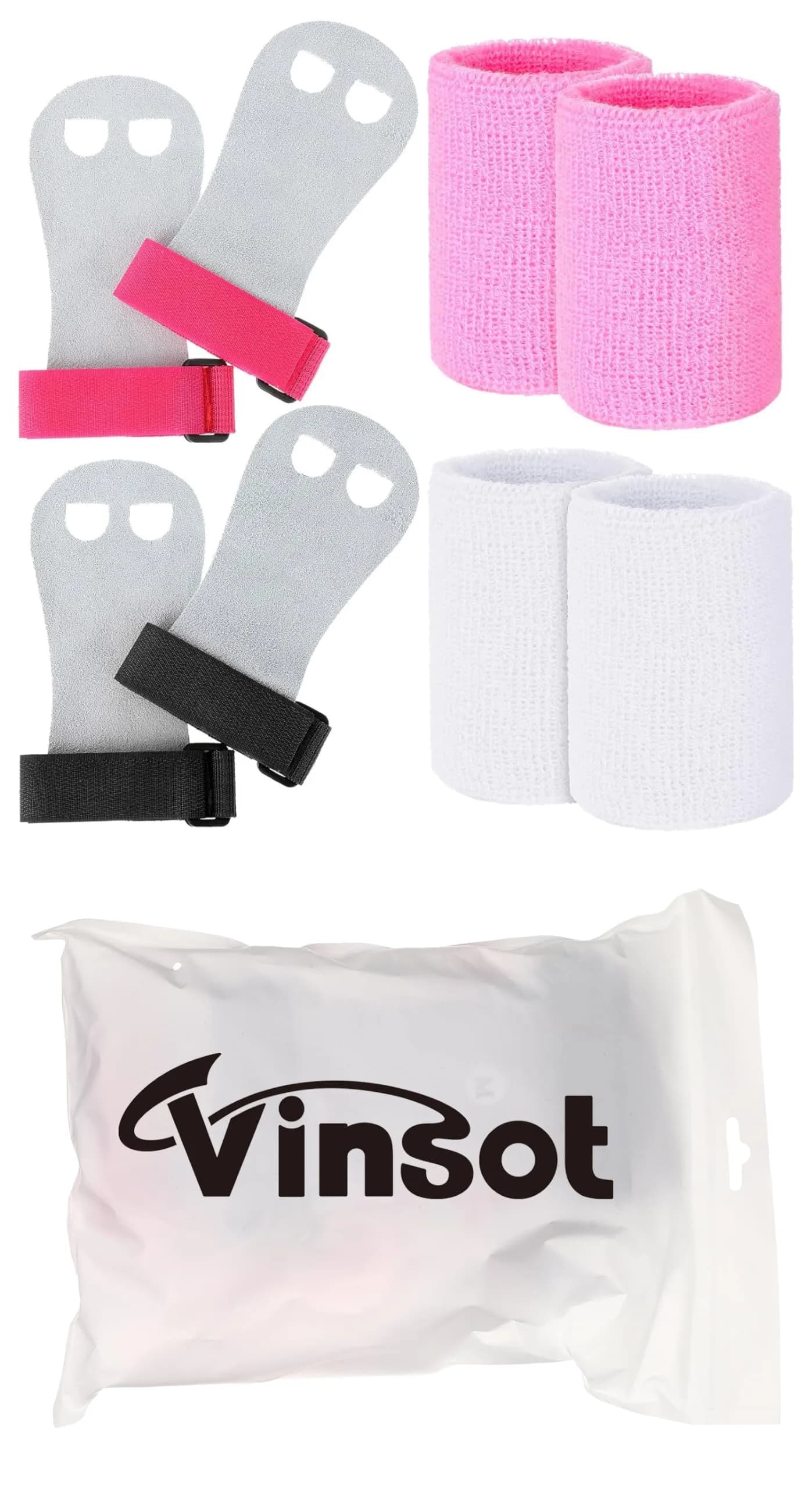 Vinsot Gymnastics Hand Grips & Wristbands Set for Kids Youth | 2 Pairs Pink, Black, White - view 7