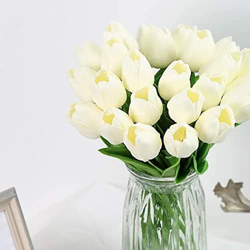 IPOPU Real Touch Artificial Tulips Flowers 24PCS Off White | Lifelike PU Material for Home Decor thumbnail 5