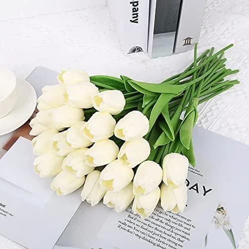 IPOPU Real Touch Artificial Tulips Flowers 24PCS Off White | Lifelike PU Material for Home Decor thumbnail 2