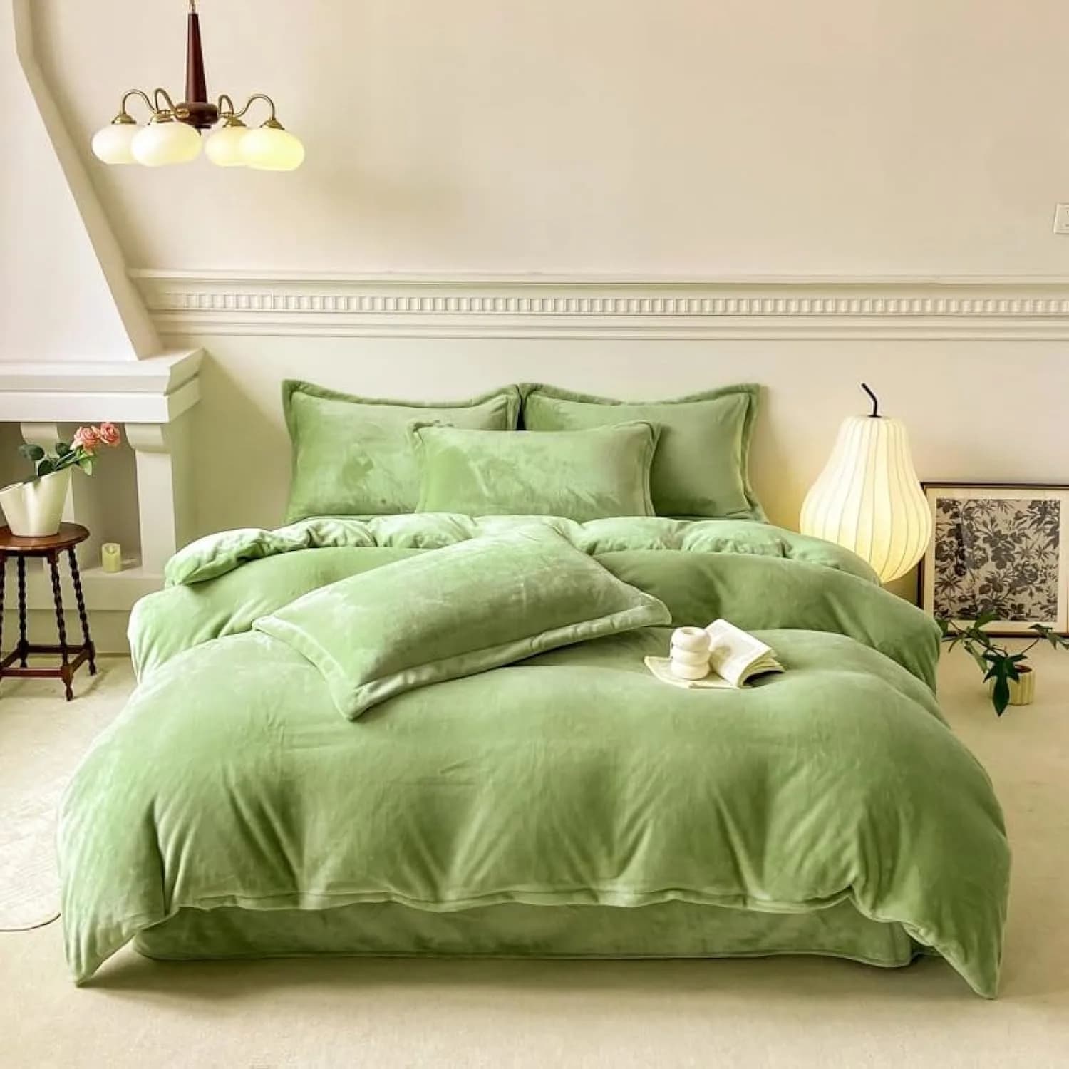 Luxlovery Sage Green Velvet Comforter Queen Set | Light Green Plush Bedding with Sherpa & Flannel (90x90 in) — 3-sage Velvet
