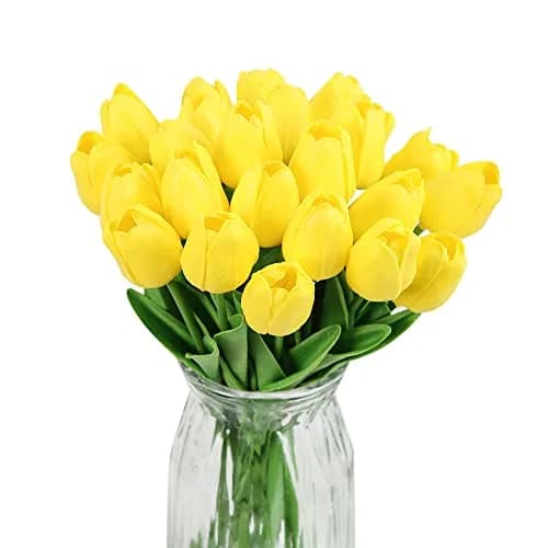 IPOPU 24PCS Yellow Tulips Artificial Flowers 34cm (13.4in) | Real Touch PU Flowers for Home Decor thumbnail 1