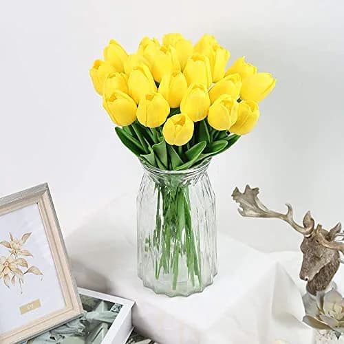 IPOPU 24PCS Yellow Tulips Artificial Flowers 34cm (13.4in) | Real Touch PU Flowers for Home Decor thumbnail 7