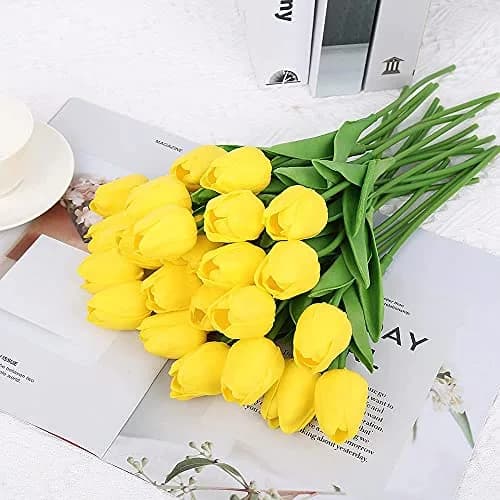 IPOPU 24PCS Yellow Tulips Artificial Flowers 34cm (13.4in) | Real Touch PU Flowers for Home Decor thumbnail 2