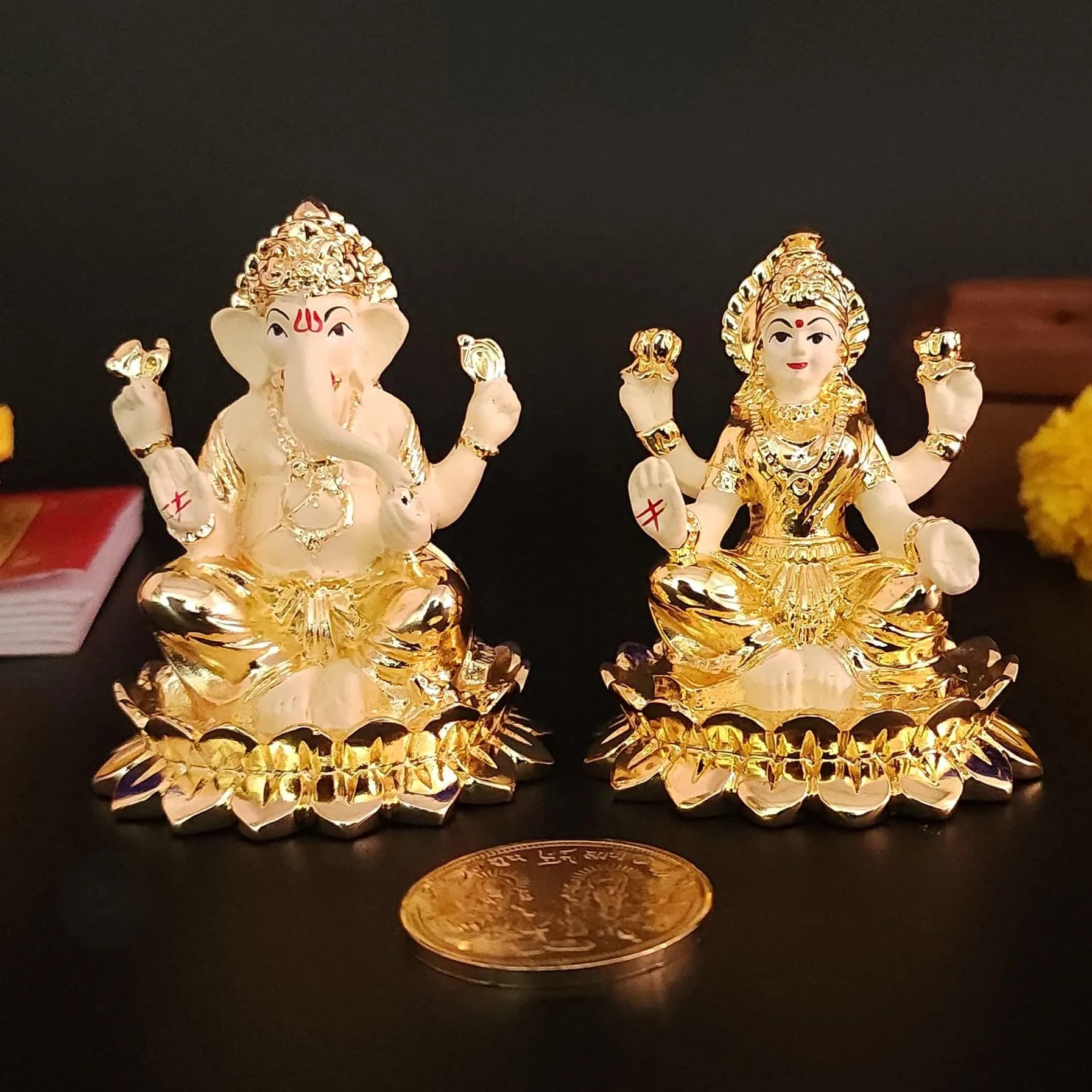 Gold Art India Gold Plated Terracotta Idol with Coin 7.6cm (3 Inch) | Diwali Pooja & Gift — Gold With Terracotta Accents
