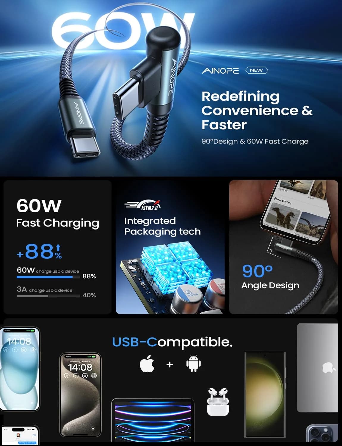 AINOPE Right Angle USB C to USB C Cable 6.6ft (20cm) 60W | Fast Charging & Data Transfer - view 3