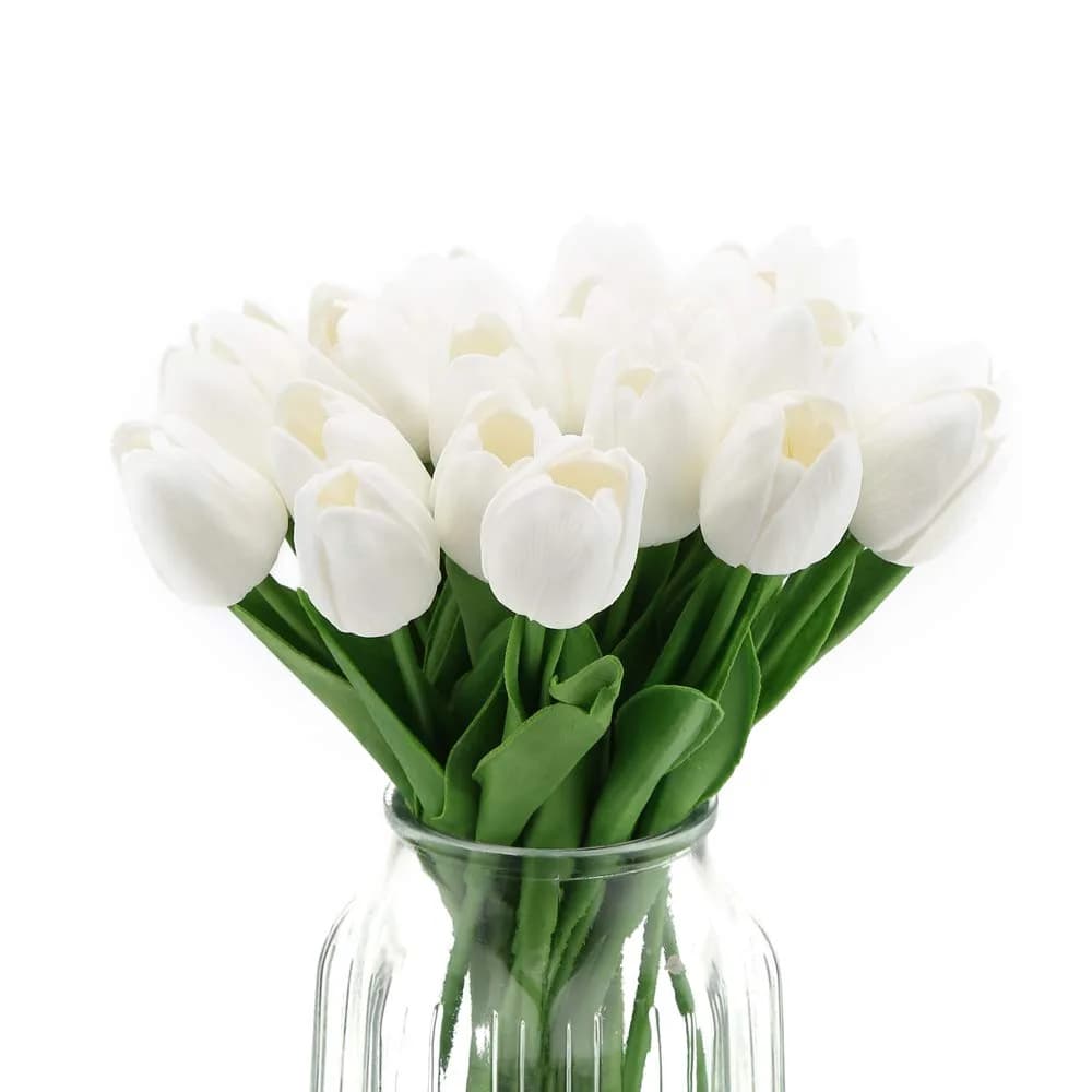 IPOPU Real Touch Purple Tulips 24PCS Artificial Flowers 34cm (13.4") | Lifelike Floral Arrangements for Home Decor — 24pcs-white