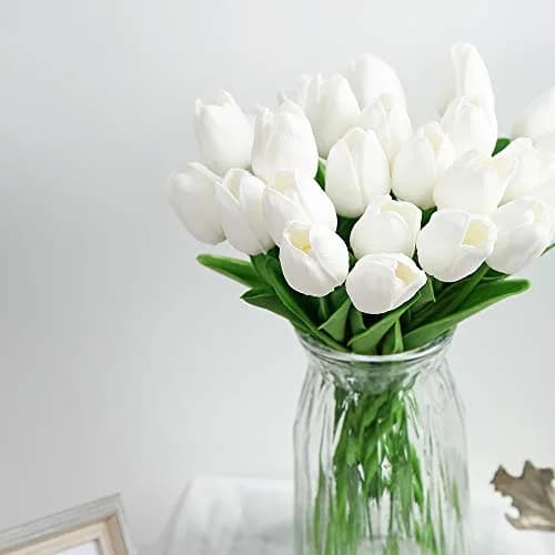 IPOPU 24PCS White Tulips Artificial Flowers Real Touch 34cm (13.4") | Realistic PU Flowers for Home Decor thumbnail 2
