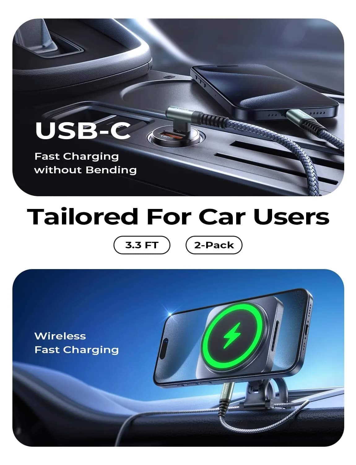 AINOPE Grey 3.3ft+3.3ft 60W Right Angle USB C to USB C Cable 2-Pack for Fast Charging - view 2