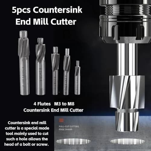 Hilitand 5pcs Counterbore Drill Bits Set 4 Flutes Straight End Mill Cutter M3-M8 | High-Speed Steel for Copper, Aluminum, Cast Iron thumbnail 2
