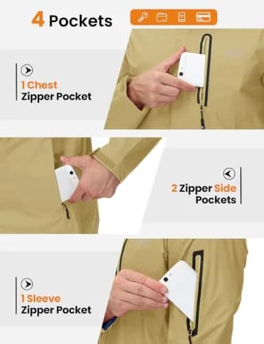 TBMPOY Waterproof Rain Jacket for Men | Lightweight Khaki Hooded Windbreaker XXL thumbnail 4