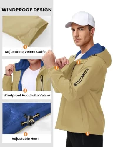 TBMPOY Waterproof Rain Jacket for Men | Lightweight Khaki Hooded Windbreaker XXL thumbnail 5