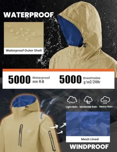 TBMPOY Waterproof Rain Jacket for Men | Lightweight Khaki Hooded Windbreaker XXL thumbnail 3