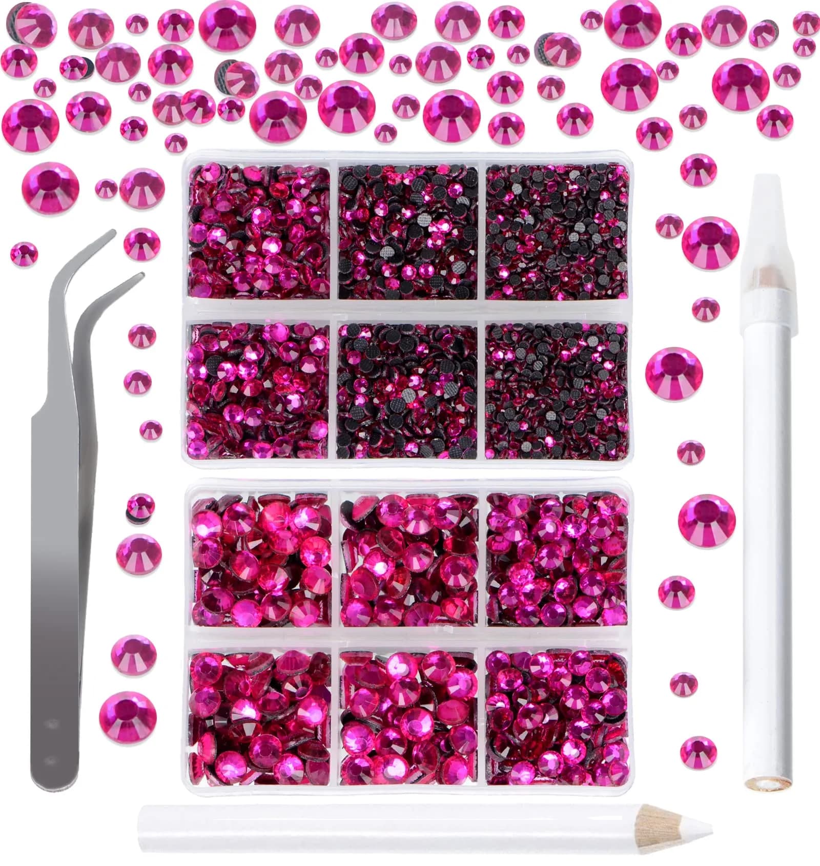 QOGIR 6300pcs Fuchsia Hotfix Rhinestones for Crafts Clothes DIY | Mixed Sizes, Sparkling Glass Gems - main product image