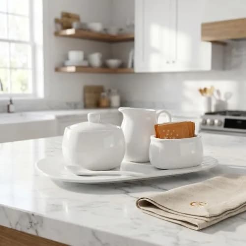 Dicunoy White Ceramic Sugar and Creamer Set with Lid, Spoon, Tray & Sweetener Box | 180ml (6oz) Creamer thumbnail 6